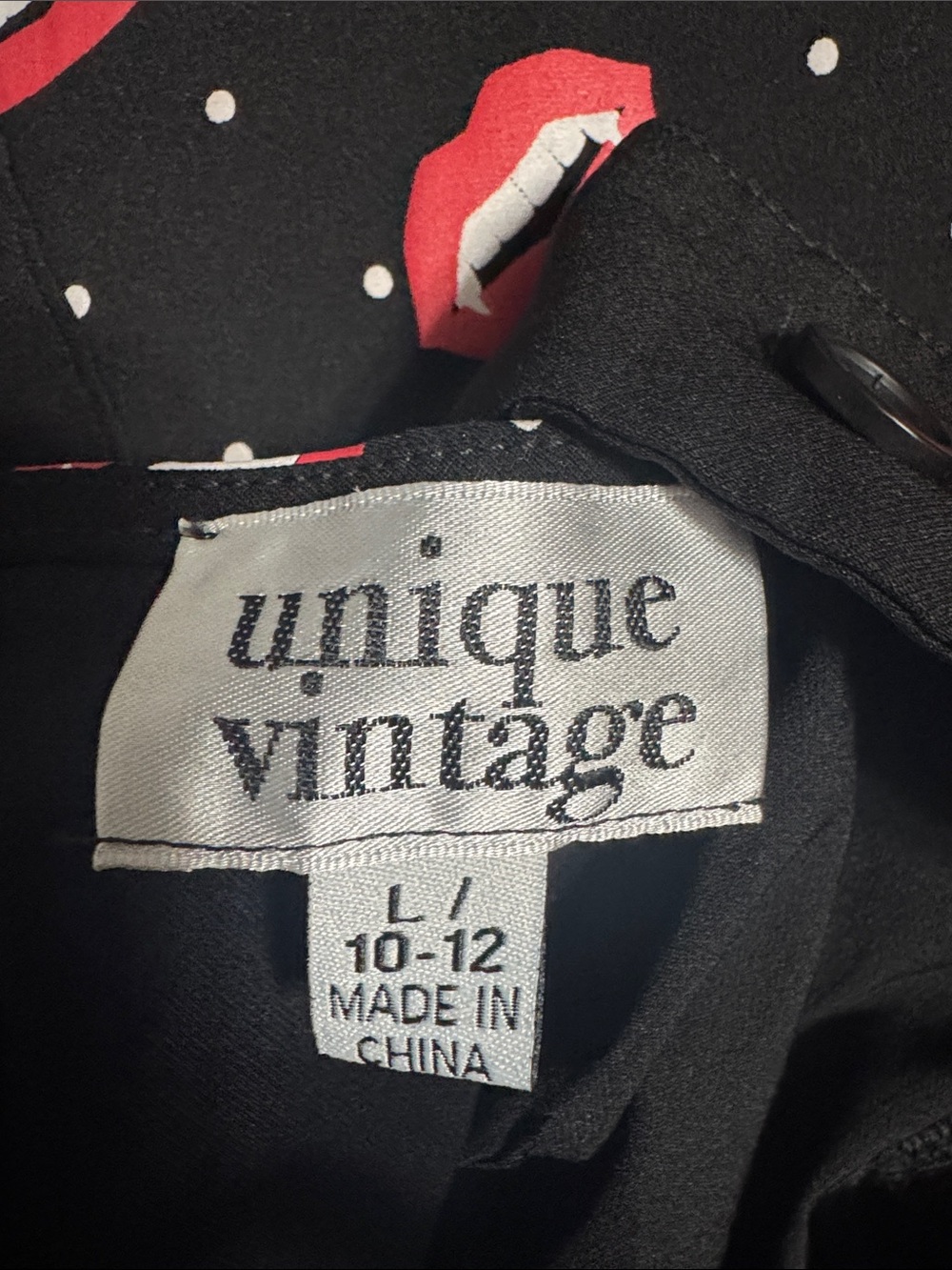 Unique Vintage Black Midi Dress with Red Lip Print - Picture 3 of 5